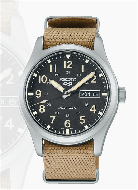 SEIKO 5 Field Series 39.4mm Steel Case with Black Dial on Khaki Nato Strap SRPG35