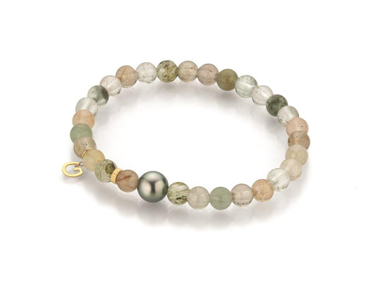 LaViano Fashion 18K Yellow Gold Tahitian Pearl 8-9MM and Rutile Quartz Beaded Bracelet