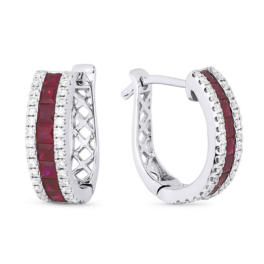 LaViano Fashion 14K White Gold Ruby and Diamond Hoop Earrings