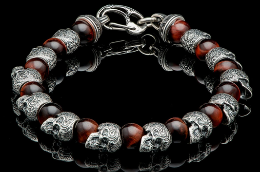 William Henry Sterling Silver Braacelet Skulls with 8MM Red Tiger Eye Beads