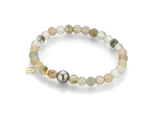 LaViano Fashion 18K Yellow Gold Tahitian Pearl 8-9MM and Rutile Quartz Beaded Bracelet