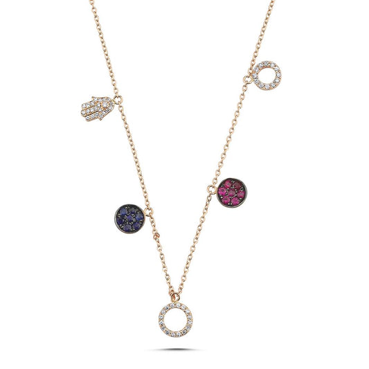 LaViano Fashion 14K Rose Gold Ruby Sapphire and Diamond Hamsa Necklace
