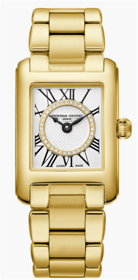FC-200MCDC35B - Frederique Constant - Classics Carree Gold Tone 21 x 15 mm on bracelet - 35 Diamond Dial .06 carats - Silver Roman Clous de Paris Dial - quartz