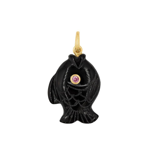 Mazza 14K Yellow Gold Black Onyx and Pink Sapphire Fish Charm