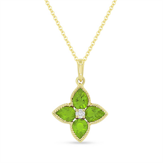 LaViano Fashion 14K Yellow Gold Peridot and Diamond Flower Pendant Necklace