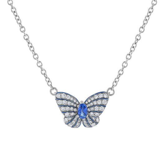 LaViano Fashion 18K White Gold Sapphire Diamond and Enamel Butterfly Necklace