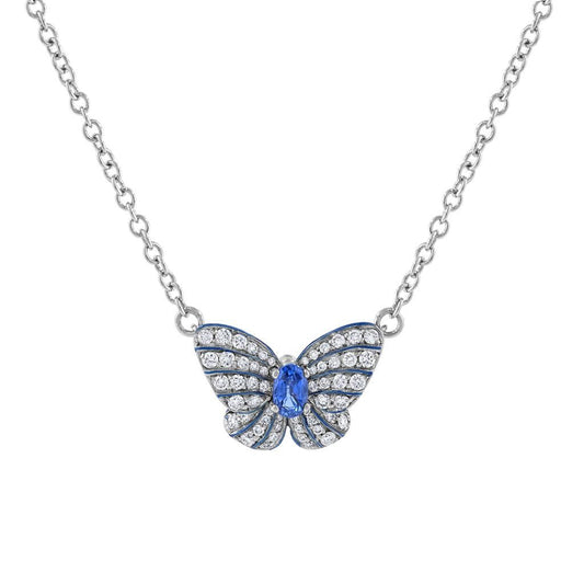 LaViano Fashion 18K White Gold Sapphire Diamond and Enamel Butterfly Necklace