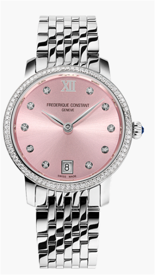 FC-220LPD1SD26B - Frederique Constant - Classics Slimline Ladies 30mm Steel Tone on bracelet - 68 Diamond Bezel 10 Diamonds Dial (0.59 carats) on Pink Sunray Dial