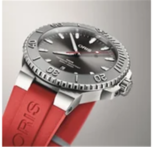 01 733 7789 4153-07 4 23 36FC Oris Aquis Date Relief, 43.5 mm, grey dial, caoutchouc-strap red