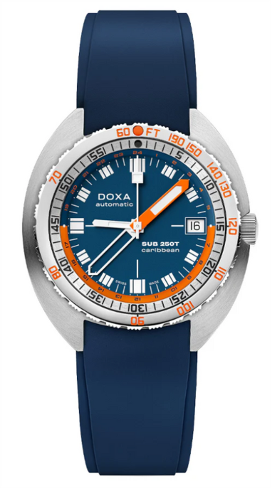 DOXA Sub 250T GMT 40mm Carribean Blue Dial on Rubber with Deployment Buckle 855.10.201.32