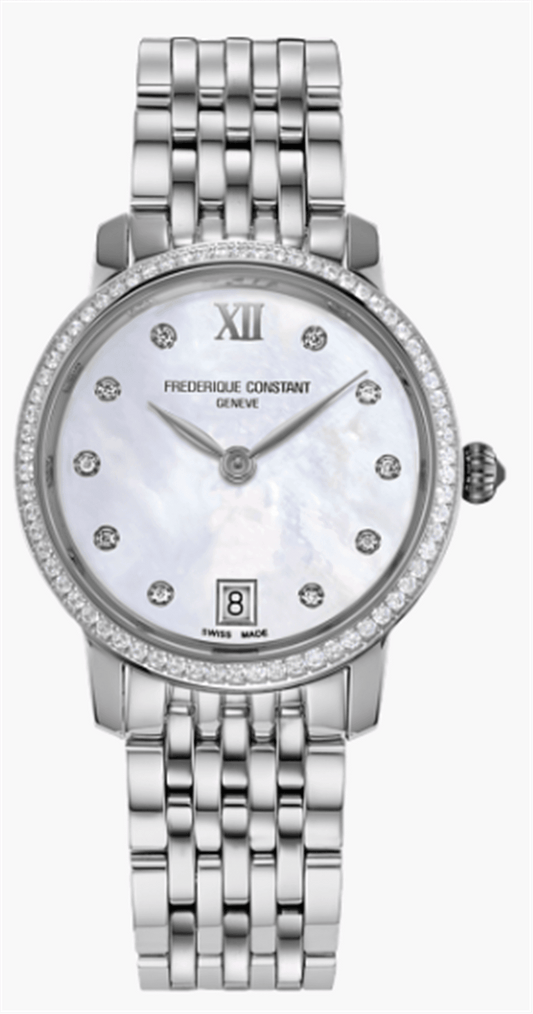 FC-220MPWD1SD26B - Frederique Constant - Classics Slim Line Ladies Steel Tone 30 mm on bracelet - 68 Diamond Bezel & MOP 10 Diamond Dial (.59 tcw)