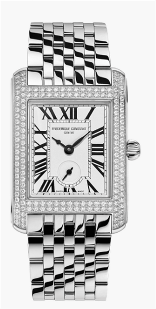 FC-235S2CD6B - Frederique Constant - Classics Carree Small Seconds 36x25mm Steel Tone on bracelet - 158 Diamond Bezel (1.185 carats) w/White Roman Dial - quartz