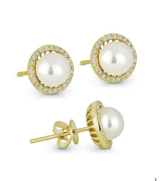LaViano Fashion 14K Yellow Gold Pearl And Diamond Earrings