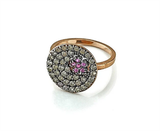 Tanya Farah 18K Yellow Gold Champagne Diamond and Ruby Flower Disc Ring