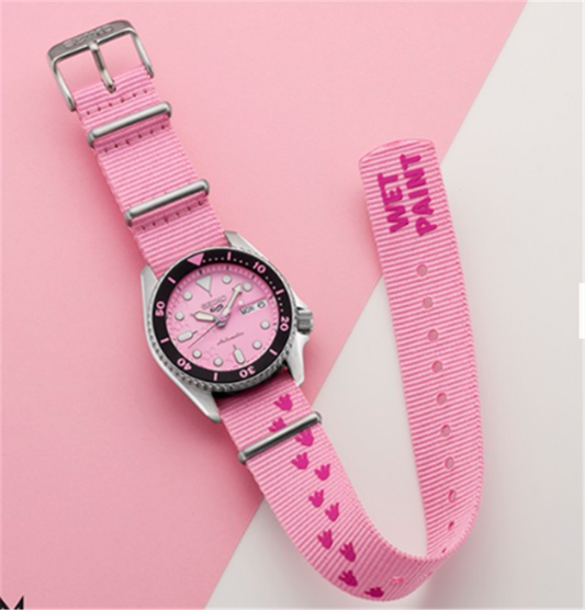 SEIKO 5 SPORTS PINK PANTHER 38mm Automatic Stainless Steel with Steel Bracelet and Addtional Pink Nylon Strap - Limited Edition Ref: SRPM07
