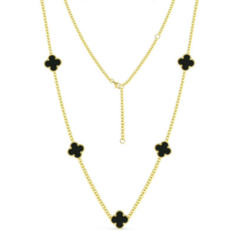 LaViano Fashion 14K Yellow Gold Black Onyx Clover Motif Necklace