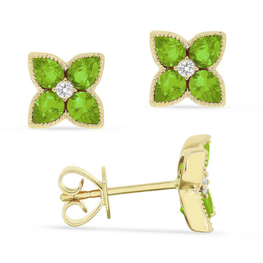 LaViano Fashion 14K Yellow Gold Peridot and Diamond Flower Earrings