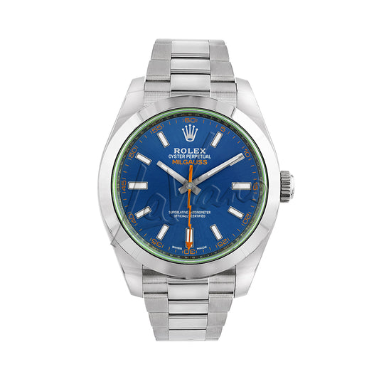 Rolex Milgauss Blue Dial Green Crystal Steel Watch