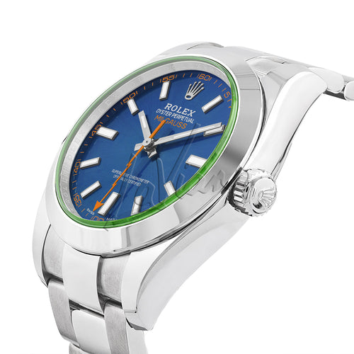Rolex Milgauss Blue Dial Green Crystal Steel Watch