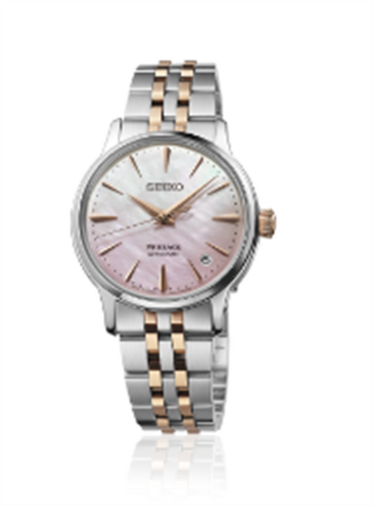 SEIKO Presage Cocktail Time 34mm Pink MOP Dial Automatic on Steel and Pink Gold Plated Bracelet Limited Edition SRPM06