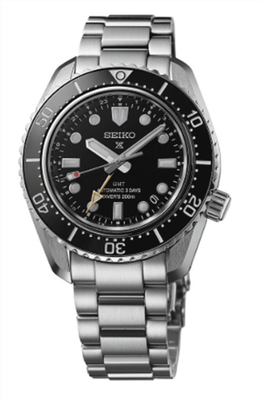 Prospex Luxe Stainless Steel GMT Automatic 1968 Diverβs Watch Reinterpretation; Black Dial With Gold GMT Hand, Black Bezel, Stainless Steel Bracelet Model SPB383 Case: 6R54-00D0