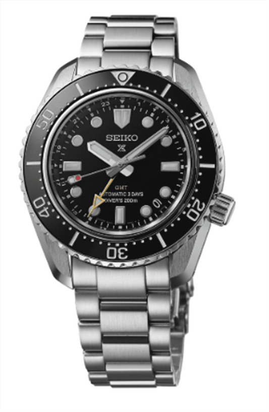 Prospex Luxe Stainless Steel GMT Automatic 1968 Diver’s Watch Reinterpretation; Black Dial With Gold GMT Hand, Black Bezel, Stainless Steel Bracelet Model SPB383 Case: 6R54-00D0