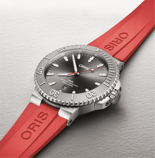 ORIS Aquis Date Relief 43.5mm Automatic Grey Dial with Red Rubber Strap on Deployment Buckle 01 733 7789 4153-07 4 23 36FC