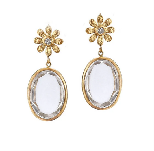 Tanya Farah 18K Yellow Gold White Topaz and Champagne Diamonds Sunflower Drop Earrings