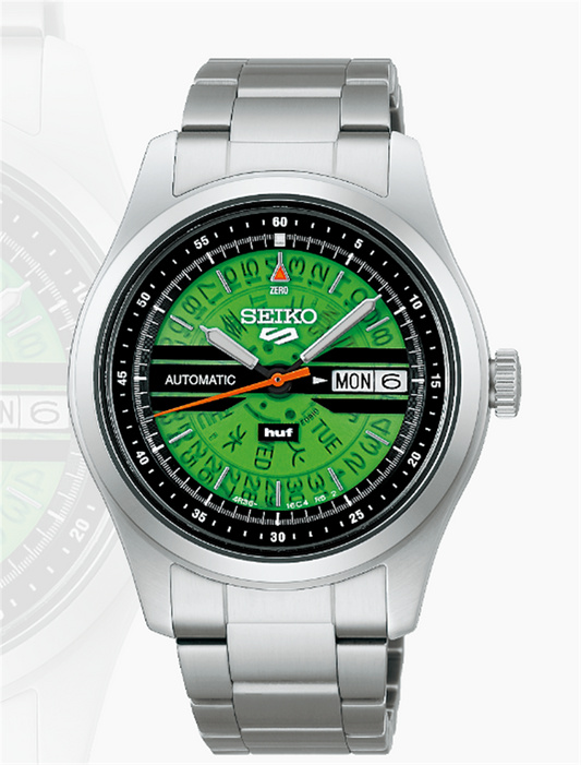 SEIKO 5 Sports HUF Skateboards Limited Edition 39mm Automatic Transparent Green Dial on Steel Bracelet Ref: SRPM09