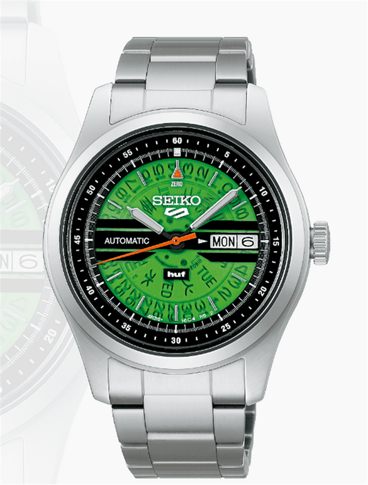 SEIKO 5 Sports HUF Skateboards Limited Edition 39mm Automatic Transparent Green Dial on Steel Bracelet Ref: SRPM09