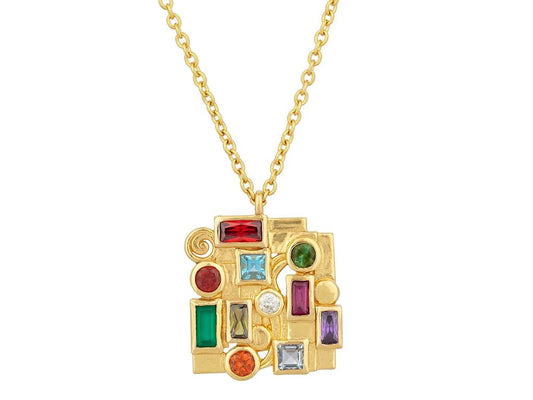 Gurhan Klimt Pendant 22K Yellow Gold Mixed Shape and Size Garnet,Spessartite, Green Tourmaline,Aquamarine,Rhodolite,Blue Topaz,Green Onyx,Topaz and Diamond