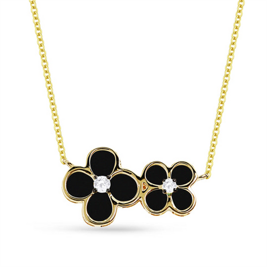 LaViano Fashion 14K Yellow Gold Black Onyx and Diamond Flower Necklace