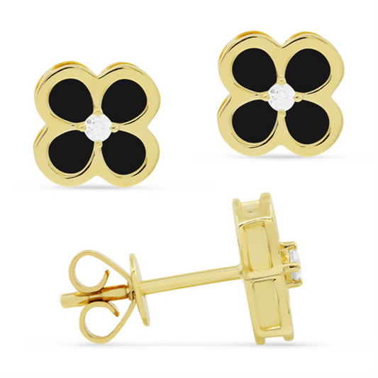 LaViano Fashion 14K Yellow Gold Black Onyx and Diamond Flower Earrings