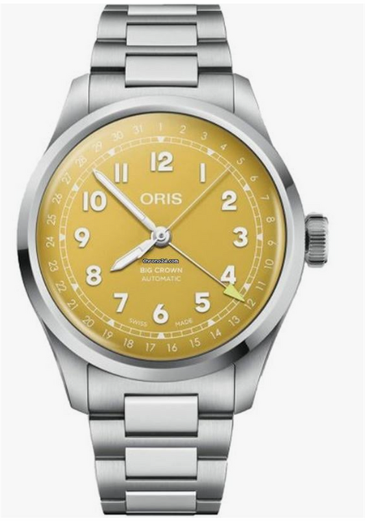 01 754 7798 4069-07 8 20 06 Oris Big Crown Pointer Date 40mm Yellow Dial Stainless Steel Case And Bracelet.