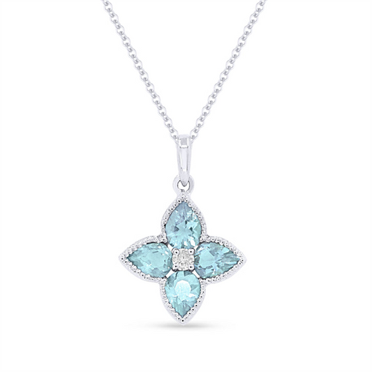 LaViano Fashion 14K White Gold Blue Topaz and Diamond Flower Pendant Necklace