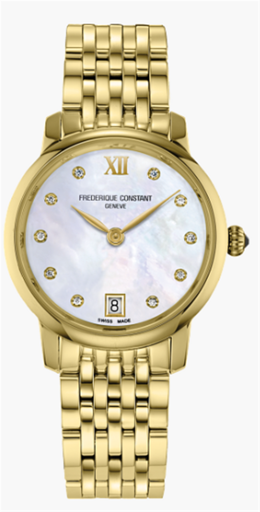 FC-220MPWD1S25B - Frederique Constant - Classics Slim Line Ladies Gold Tone 30 mm on bracelet - MOP Diamon Dial