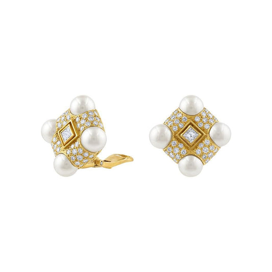 LaViano Fashion 18K Yellow Gold Pearl and Diamond Earrings