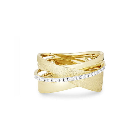 Image of 14K Yellow Gold Diamond Cross Over Ring with diamonds weighing 0.16 carat.