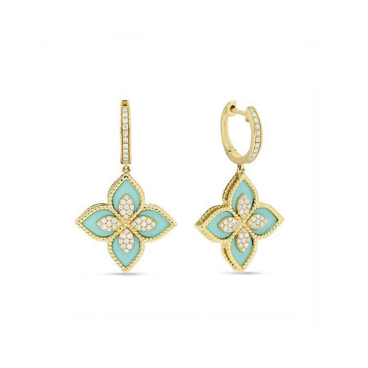 14K Yellow Gold Turquoise and Diamond Earrings