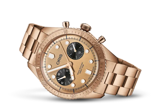 THE ORIS HÖLSTEIN EDITION 2020 IS AN ALL-BRONZE VERSION OF THE ORIS DIVERS SIXTY-FIVE CHRONOGRAPH AND THE FIRST SWISS WATCH WITH A BRONZE BRACELET.