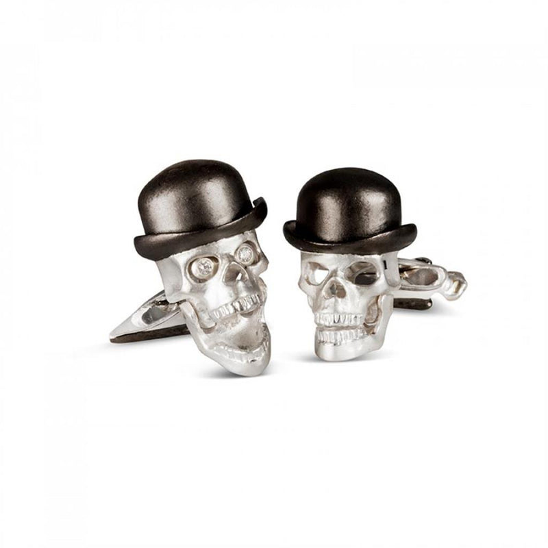 Deakin & Francis Sterling Silver Skull with Bowler Hat and Diamond Eye Cufflinks