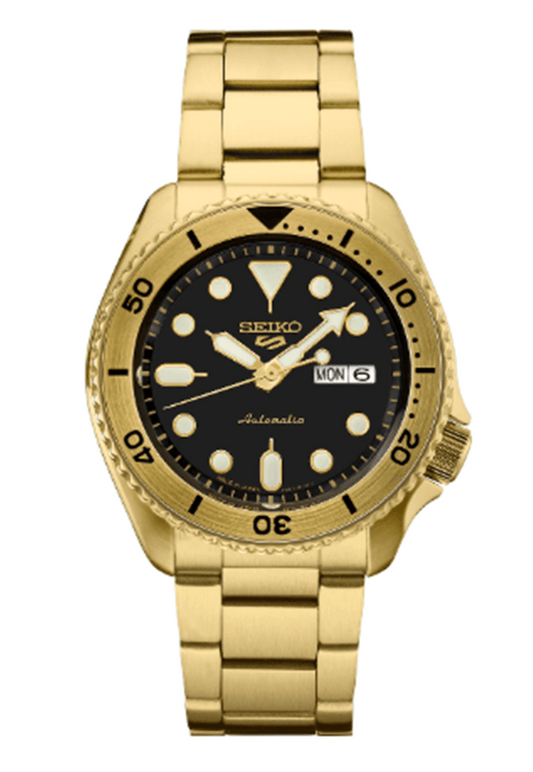 SEIKO 5 Sports 42.5mm Automatic Gold Plated with Black Dial on Gold Plated Bracelet SRPK18