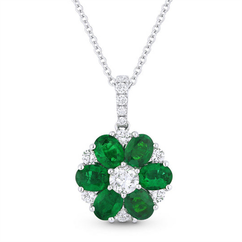 LaViano Fashion 18K White Gold Emerald Flower and Diamond Pendant
