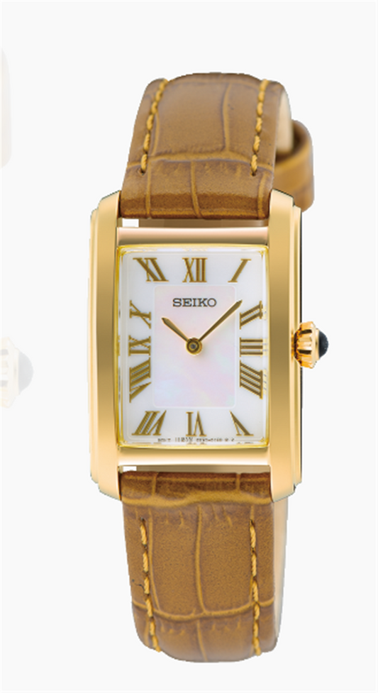 SEIKO Essentials 22x33mm Gold Plated Quartz on Leather Band SWR100