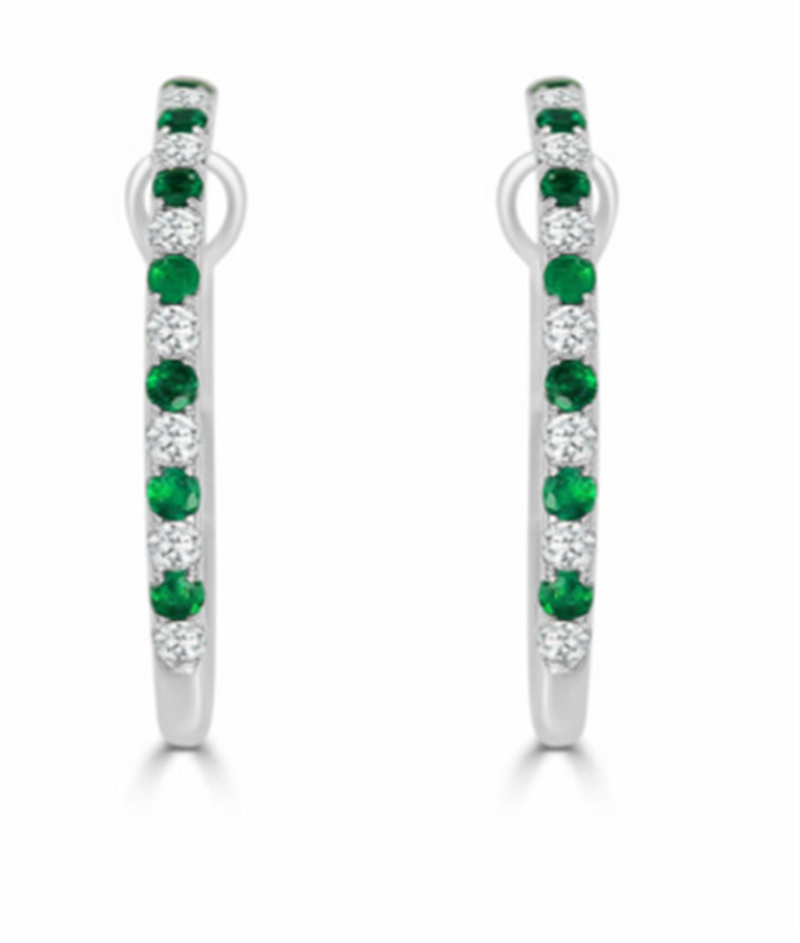 Frederic Sage 14K White Gold Emerald and Diamond Hoop Earrings