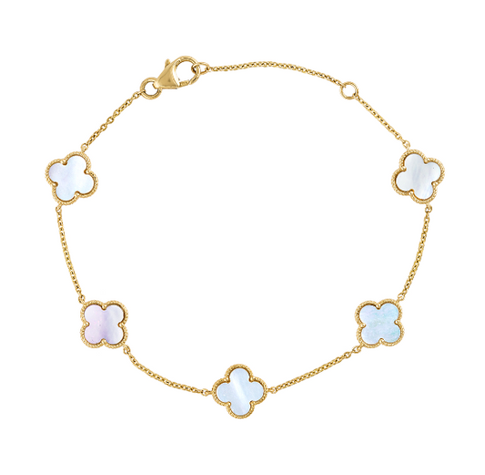 LaViano Fashion 14K Yellow Gold Mother of Pearl Clover Motif Station Bracelet