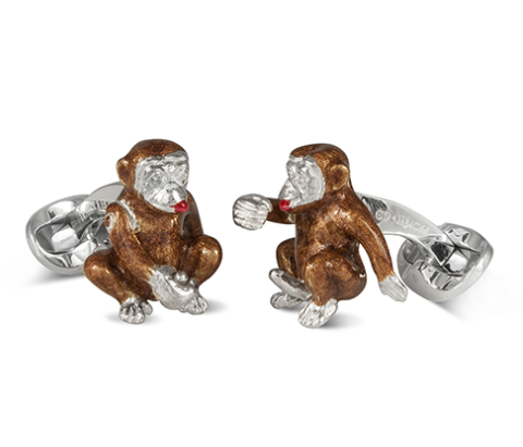 Deakin & Francis Sterling Silver Cheeky Monkey Brown Diamond Eyes Spring Back Cufflinks