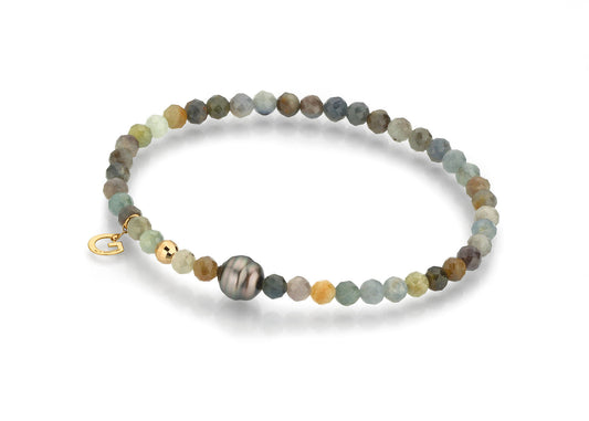 LaViano Fashion 18K Yellow Gold Tahitian Pearl 7-8MM and Sapphire Beaded Bracelet