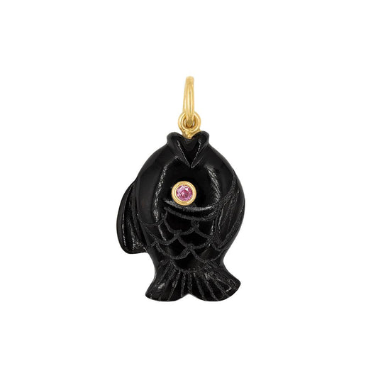 Mazza 14K Yellow Gold  Black  Onyx and Pink Sapphire Fish Charm