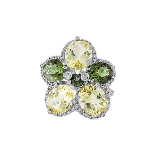 LaViano Fashion 18K White Gold Green Tourmaline and Lemon Quarts Diamond Ring